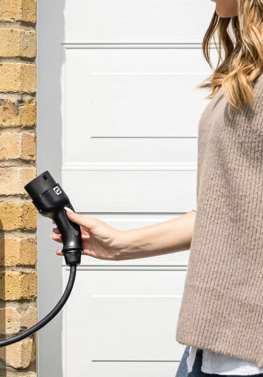 Hånd med ladestik til elbil foran en garage